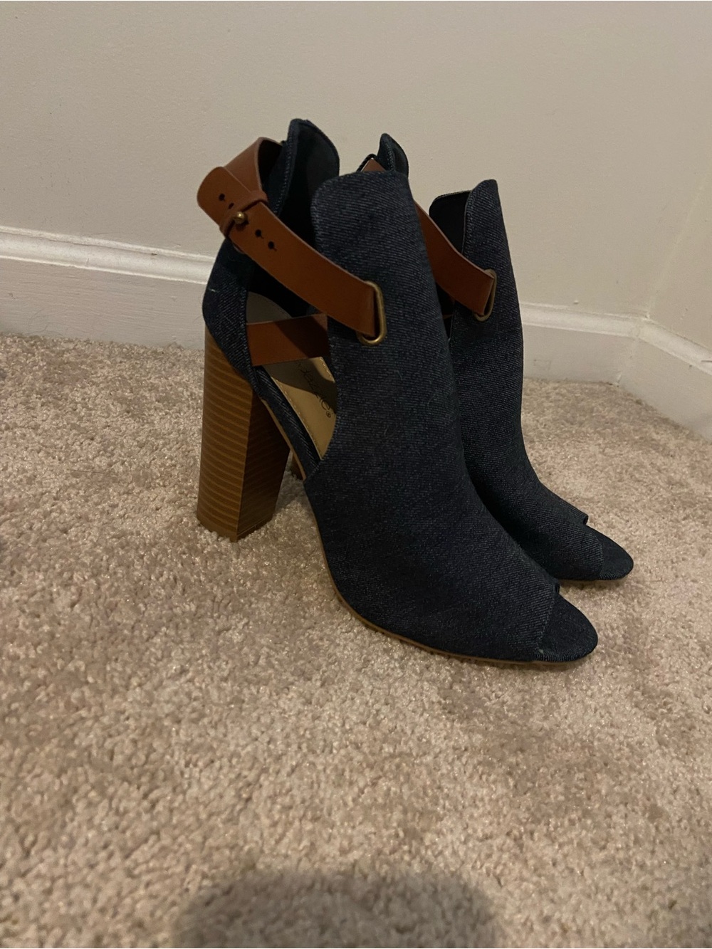 Shoe Dazzle Navy Denim Open-Toe Heeled Booties with Brown Strap
